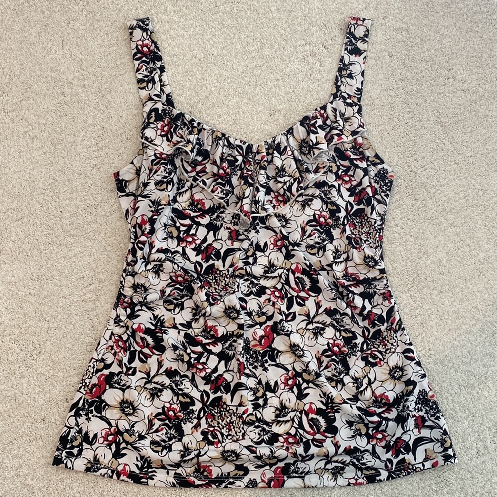 White House/Black Market Floral Ruffle Tank, white/black/rose/tan, medium